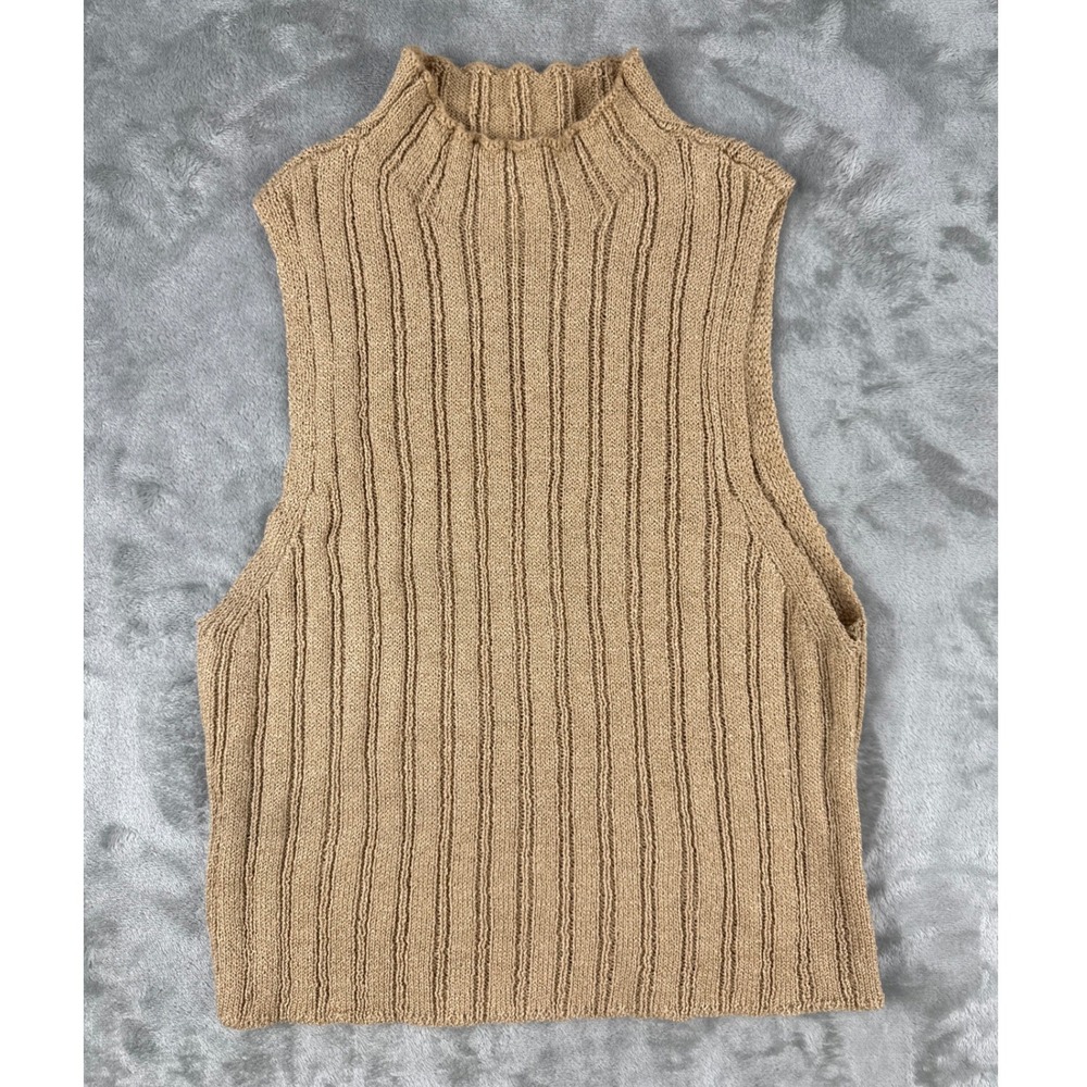 Madrag Womens Tan Ribbed Mock Neck Sleeveless Knit Sweater Top Size L P212904